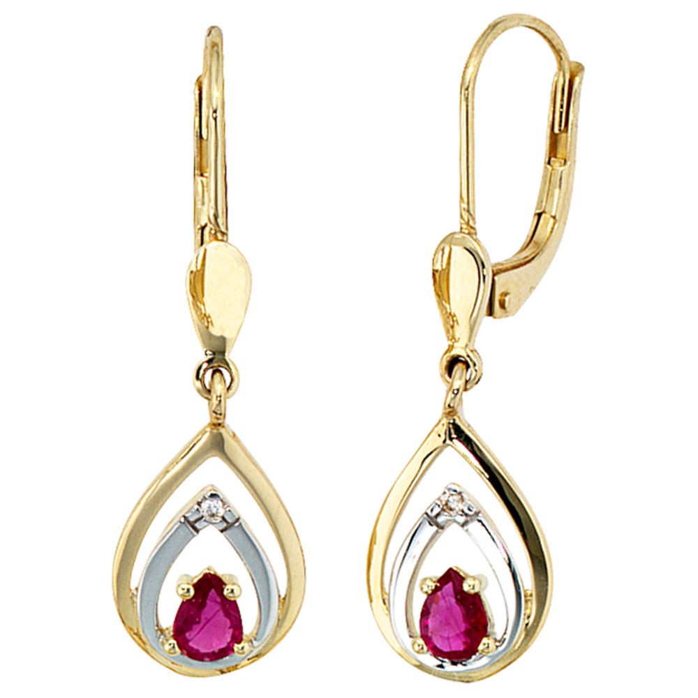 Boutons 585 Gelbgold 2 Diamanten Brillanten 2 Rubine rot Ohrringe Ohrhänger
