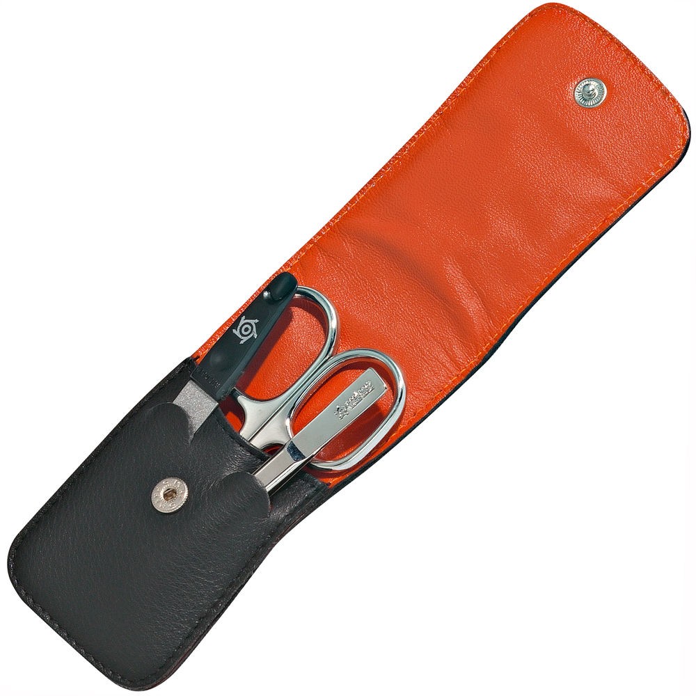 Pfeilring Maniküretui, Nappaleder, schwarz, Futter orange, 3-teilige Bestückung