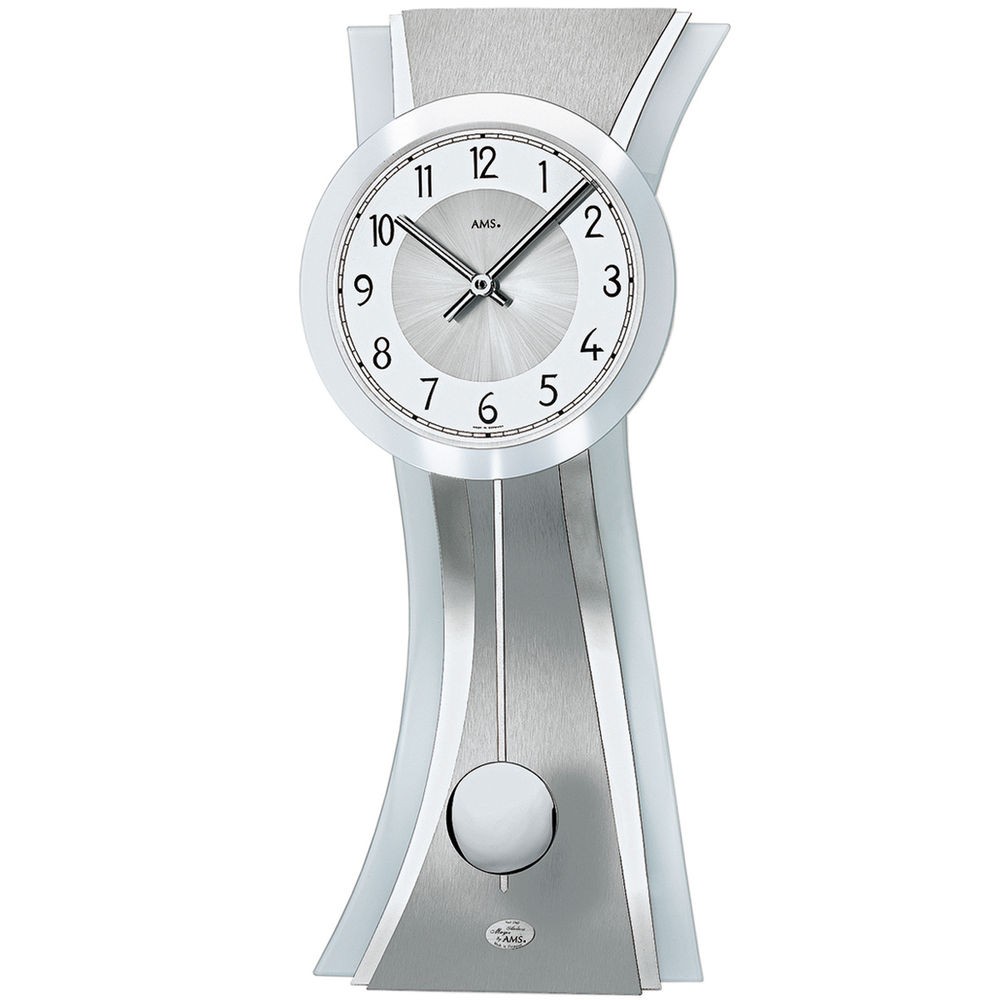 Wanduhr Quarz mit Pendel silbern modern geschwungen Pendeluhr mit Glas