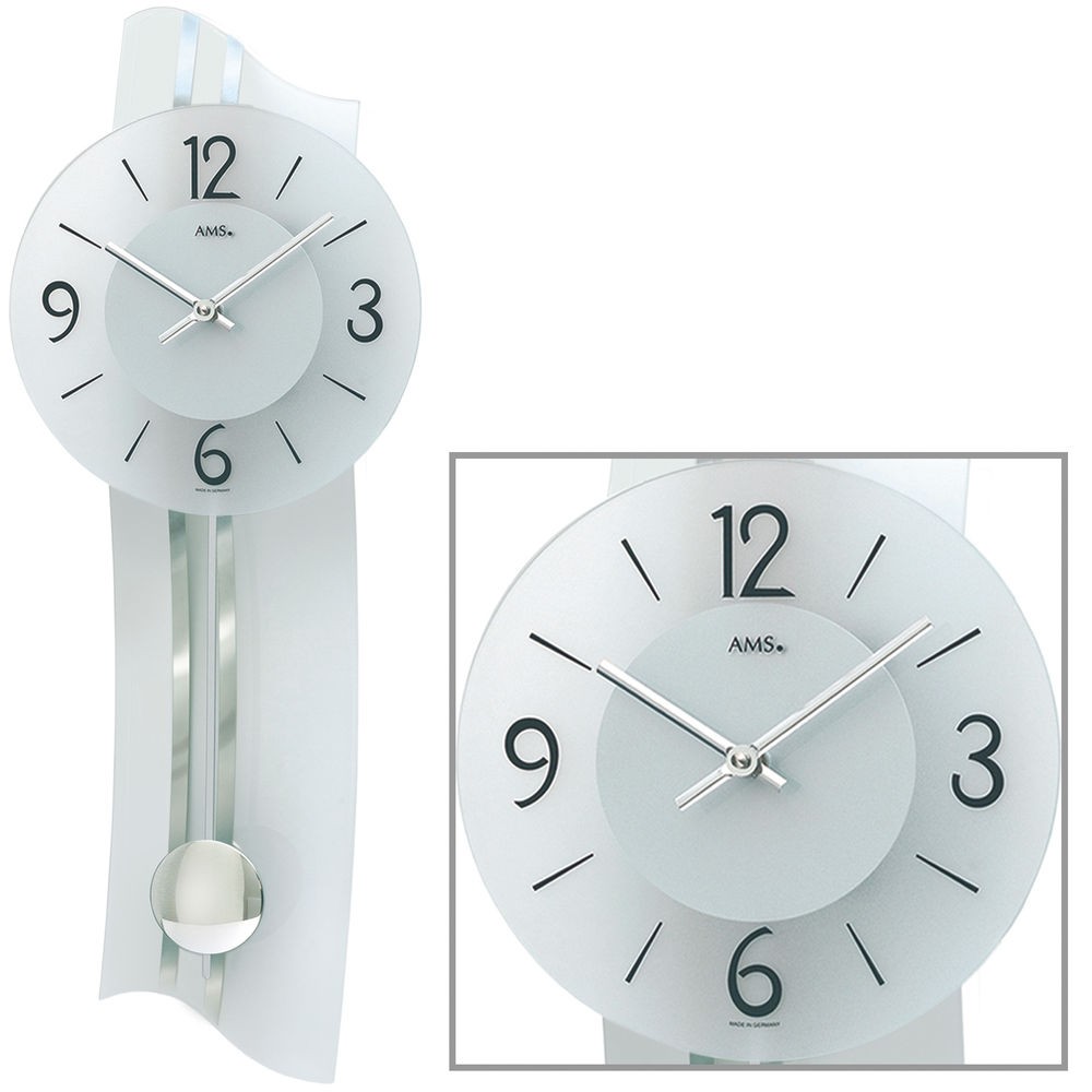 Wanduhr Quarz mit Pendel silbern modern geschwungen Pendeluhr mit Mineralglas