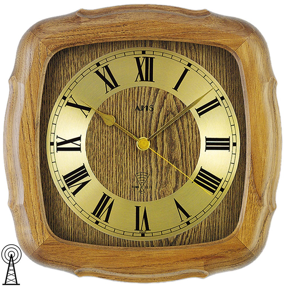 Funkwanduhr analog golden Holz Eiche massiv