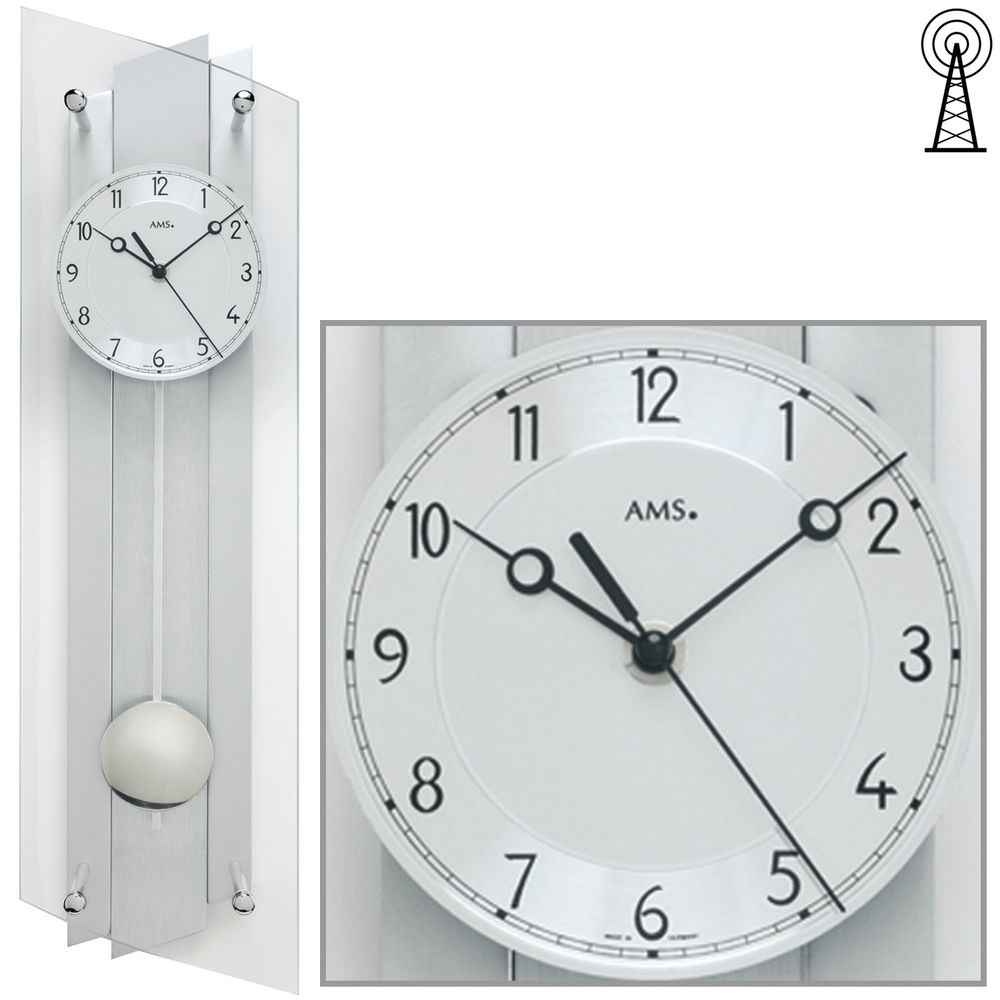 Funkwanduhr mit Pendel silbern Pendeluhr Glas Aluminium