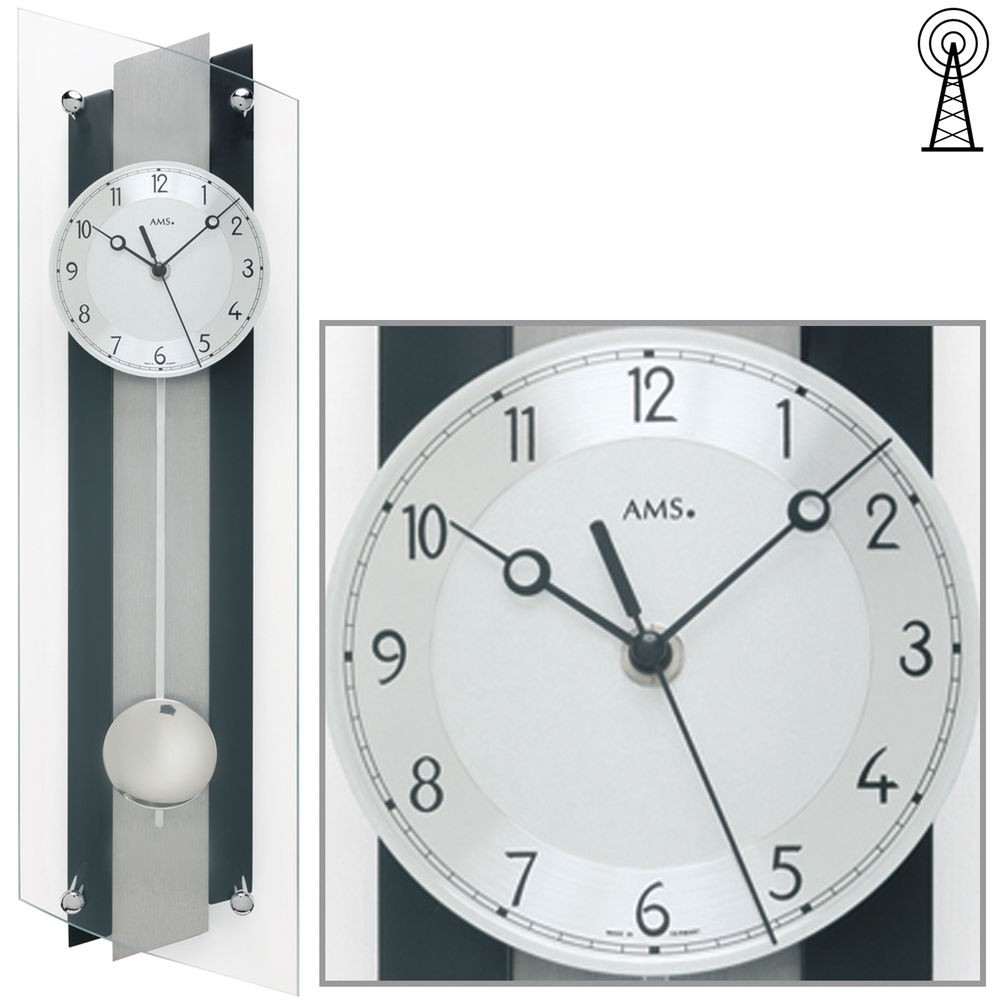 Funkwanduhr mit Pendel schwarz Pendeluhr Glas Aluminium