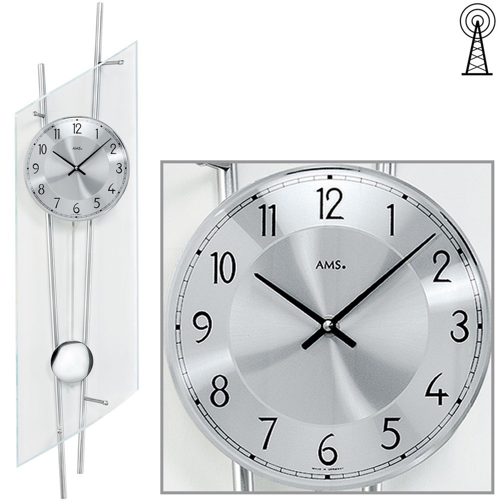 Funkwanduhr mit Pendel silbern modern Pendeluhr mit Glas