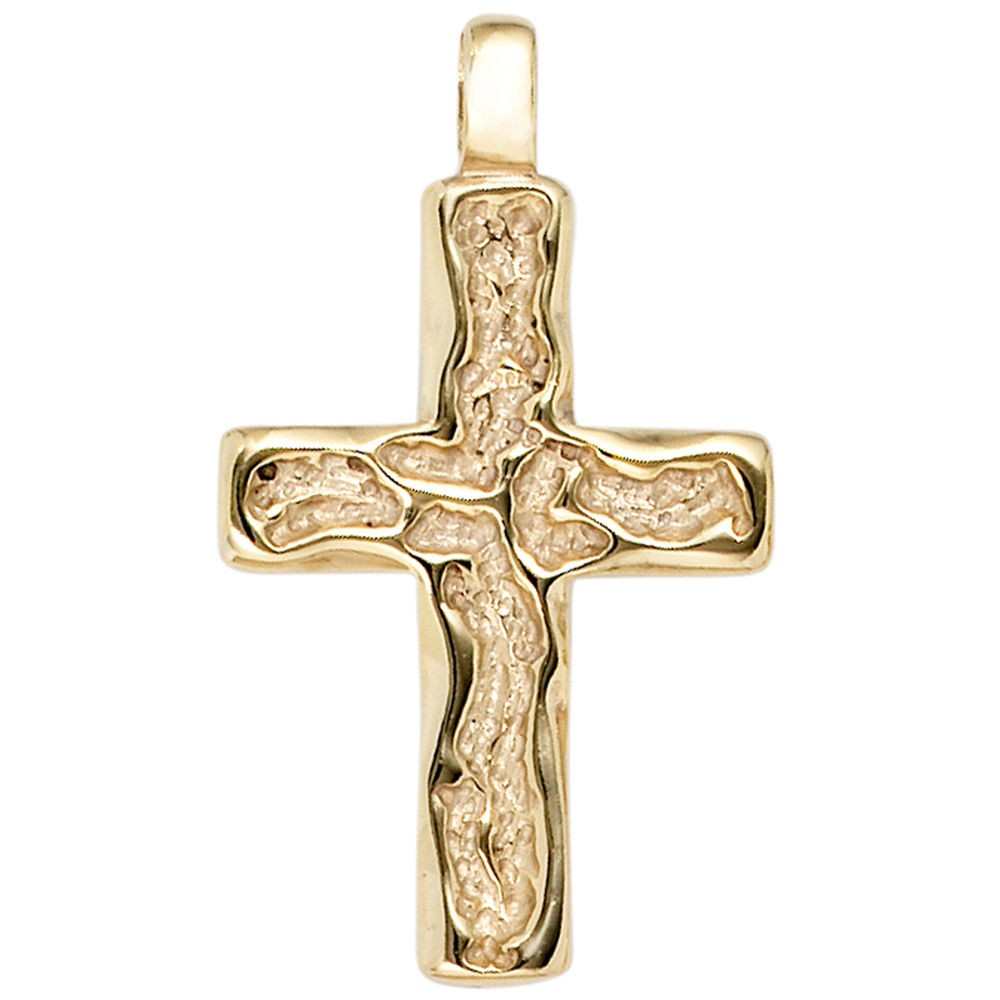 JOBO Anhänger Kreuz 585/- Gelbgold gehämmert Kreuzanhänger Goldkreuz | Kettenanhänger