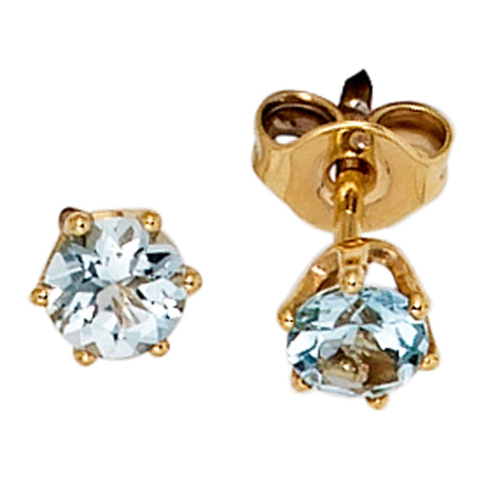 Ohrstecker rund 585 Gelbgold 2 Aquamarine hellblau blau Ohrringe