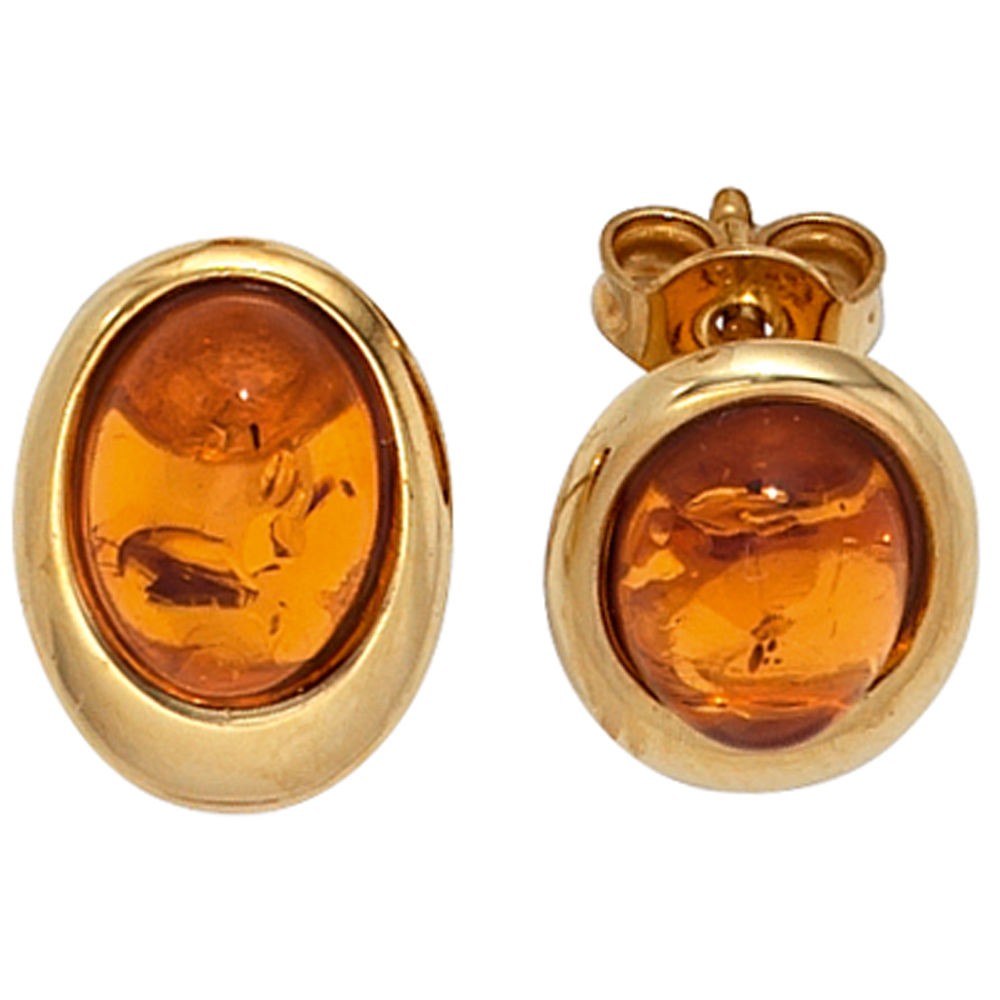 Ohrstecker oval 375 Gelbgold 2 Bernsteine orange Ohrringe Bernsteinohrringe