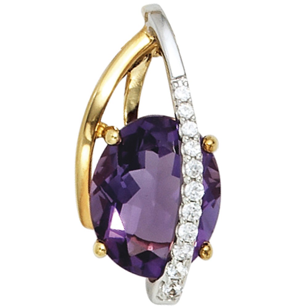 Anhänger 585 Gelbgold Weißgold 11 Diamanten Brillanten 1 Amethyst violett