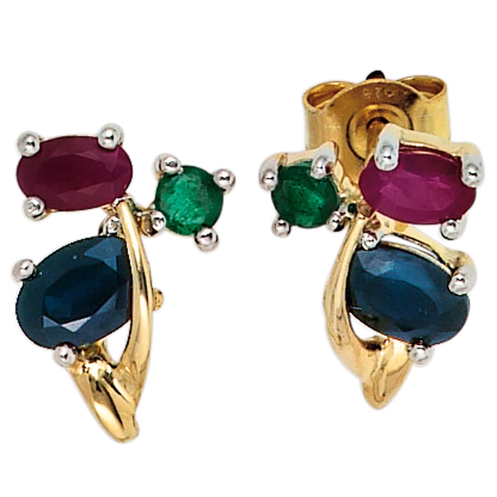 Ohrstecker 585 Gelbgold 2 Rubine 2 Safire 2 Smaragde Ohrringe Goldohrstecker