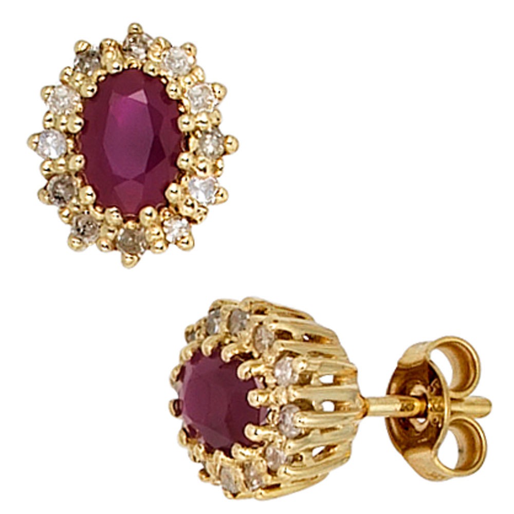 Ohrstecker 585 Gelbgold 24 Diamanten 0,24ct. 2 Rubine rot Ohrringe