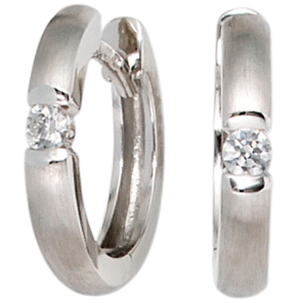 Creolen 585 Weißgold matt 2 Diamanten Brillanten Ohrringe Weißgoldcreolen