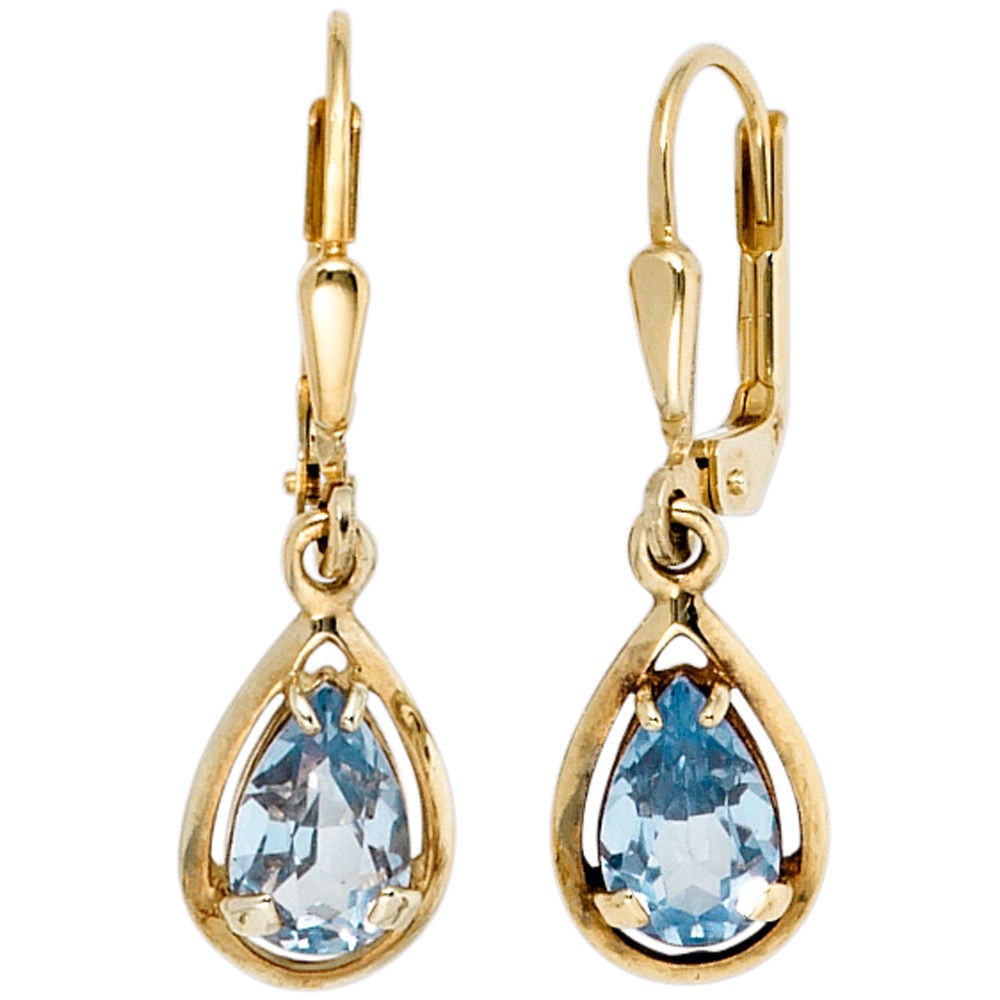 Boutons Tropfen 333 Gelbgold 2 Spinelle hellblau blau Ohrringe Ohrhänger