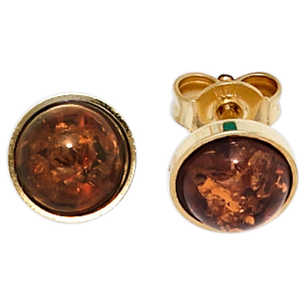 Ohrstecker rund 333 Gelbgold 2 Bernsteine orange Ohrringe Bernsteinohrringe