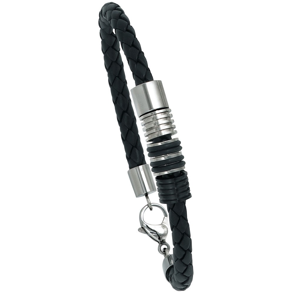 Armband Leder schwarz mit Edelstahl und Kautschuk 21cm Lederarmband