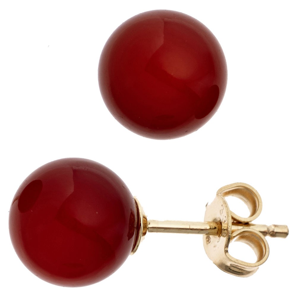 Ohrstecker Kugel 333 Gelbgold 2 Karneole rot Ohrringe Goldohrstecker