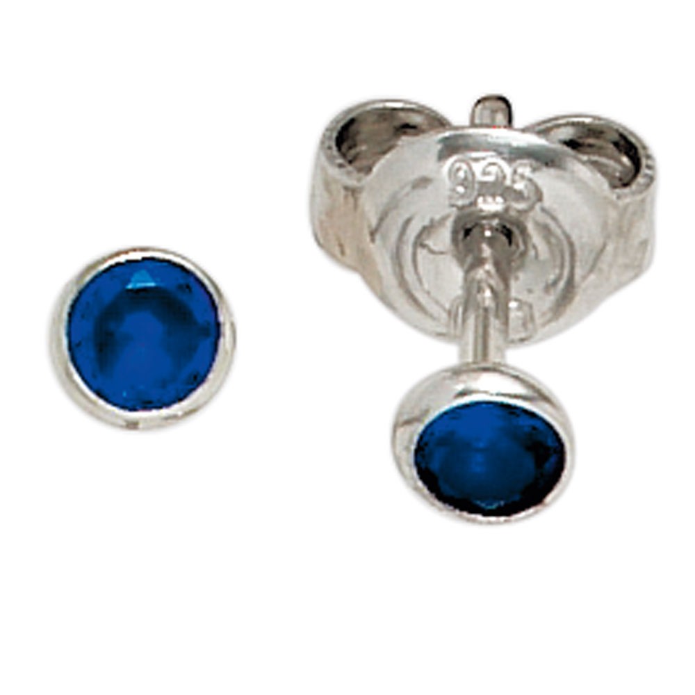 Ohrstecker rund 925 Sterling Silber rhodiniert 2 Zirkonia blau Ohrringe