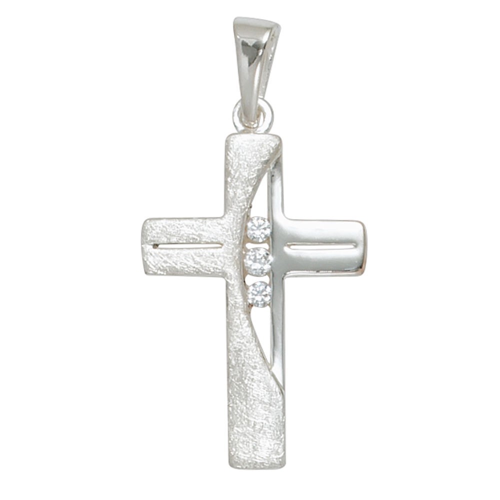 Anhänger Kreuz 925 Sterling Silber eismatt 3 Zirkonia Kreuzanhänger Silberkreuz
