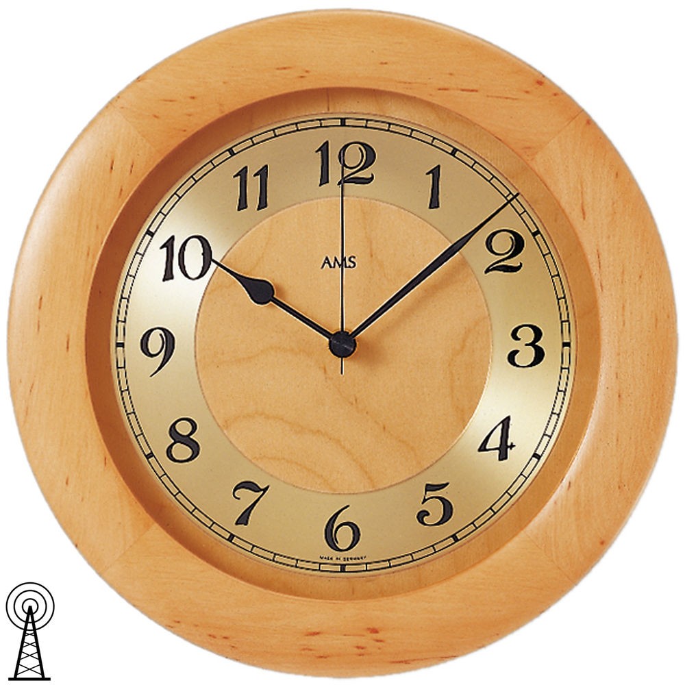 Funkwanduhr analog golden rund Holz Erle massiv