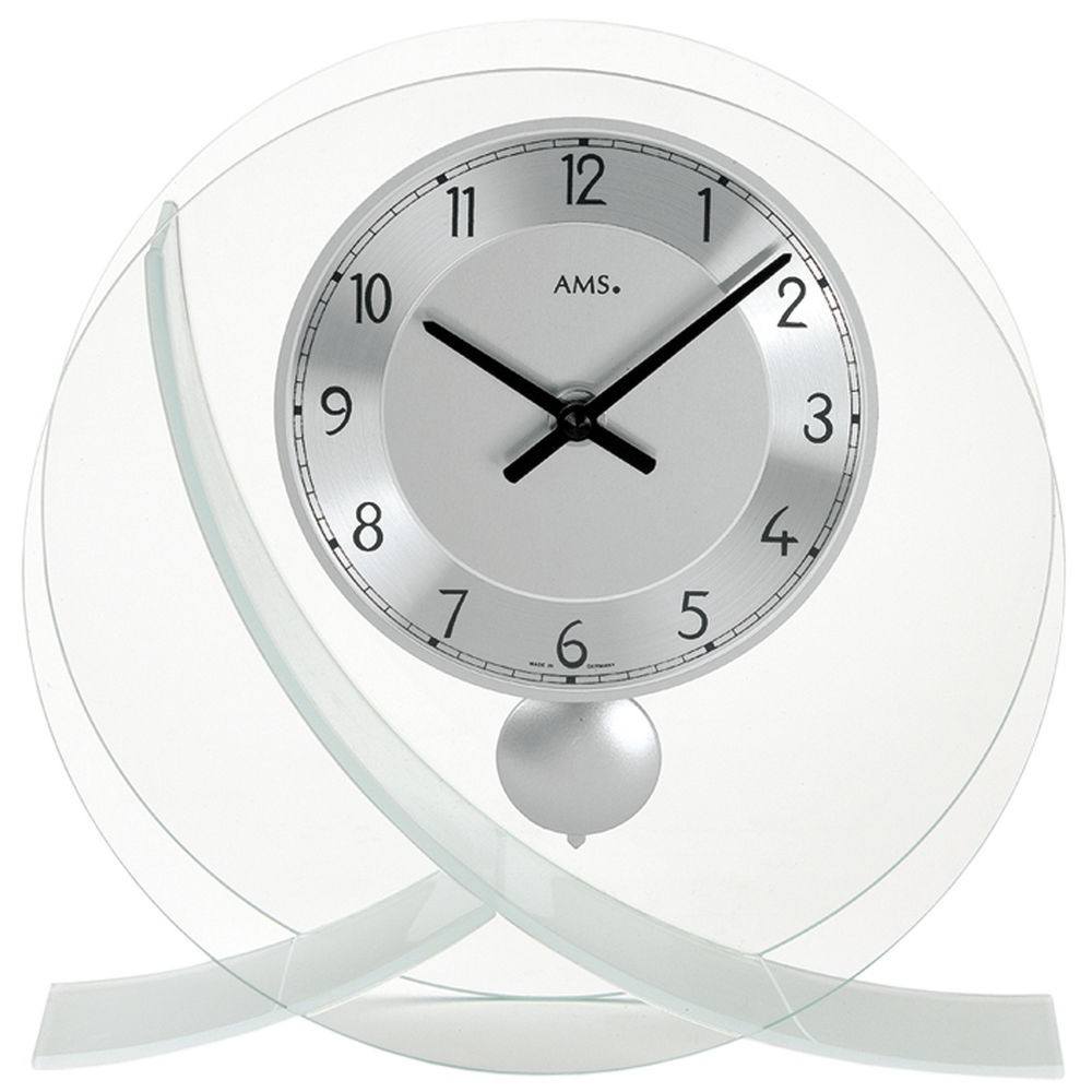 Tischuhr Quarz mit Pendel silbern modern rund Designeruhr