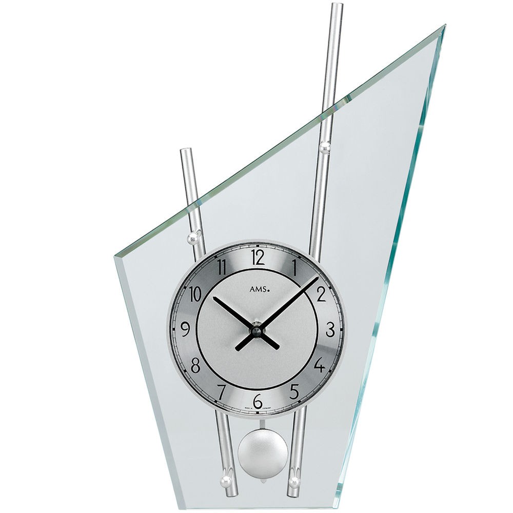 Tischuhr Quarz mit Pendel silbern modern Metall mit Glas