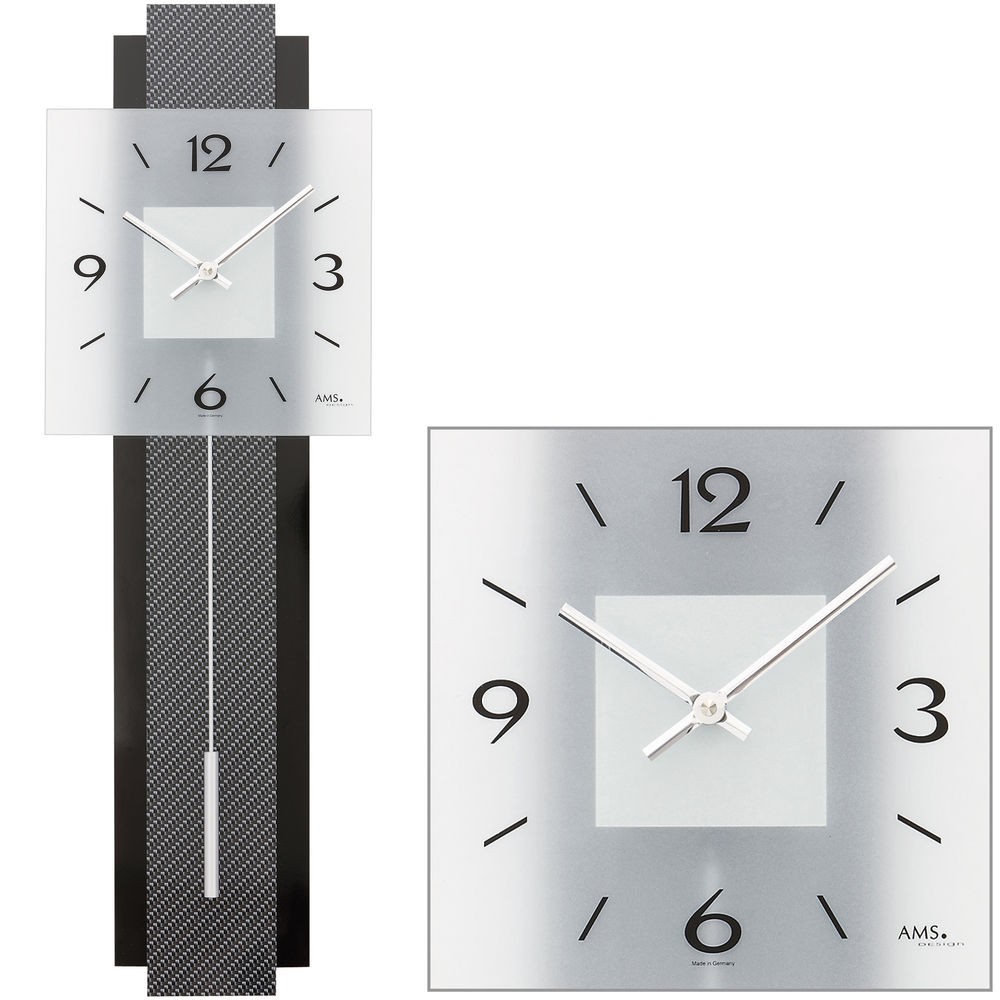 Wanduhr Quarz mit Pendel schwarz grau Pendeluhr mit Carbon und Glas