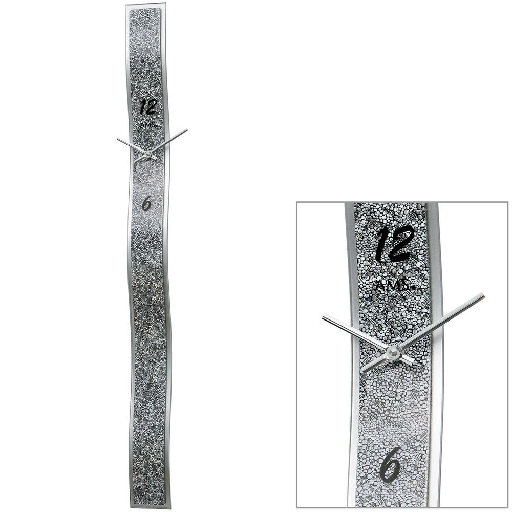 Wanduhr Quarz analog silbern modern mit Glas und Kunstleder