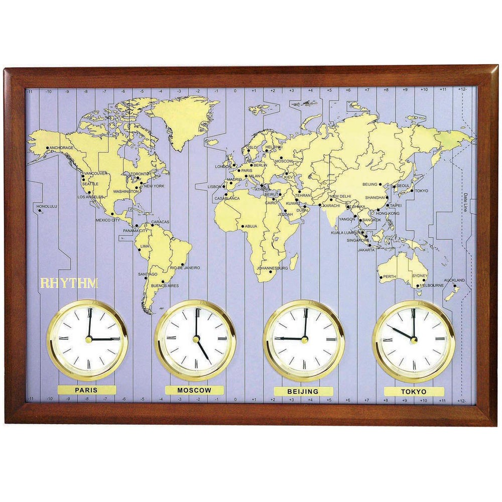 Wanduhr Weltzeit-Uhr Quarz analog Holzrahmen mit Metallzifferblatt