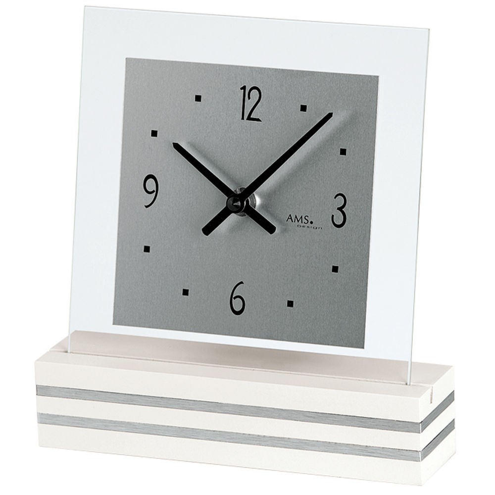 Tischuhr Quarz analog weiß modern eckig mit Glas und Aluminium