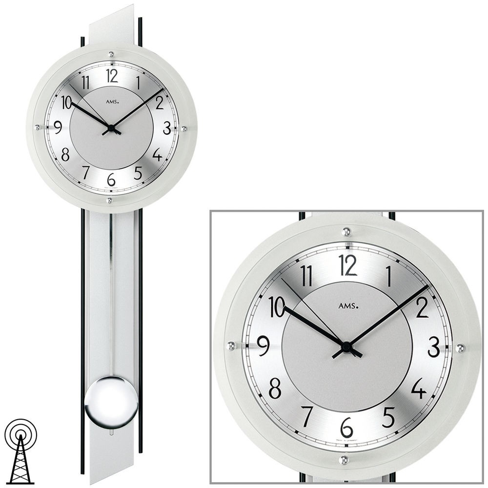 Funkwanduhr mit Pendel analog silbern Pendeluhr mit Glas schwarz