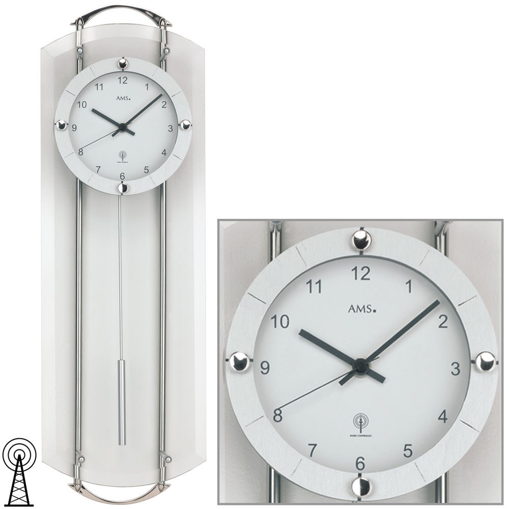Funkwanduhr mit Pendel silbern modern Pendeluhr mit Glas silber weiß
