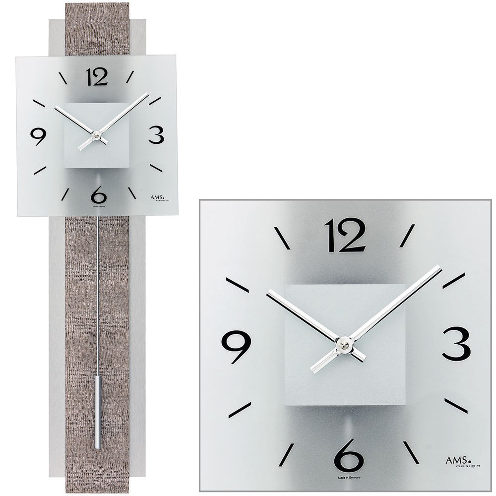 Wanduhr Quarz mit Pendel Pendeluhr modern mit Kunstleder und Glas