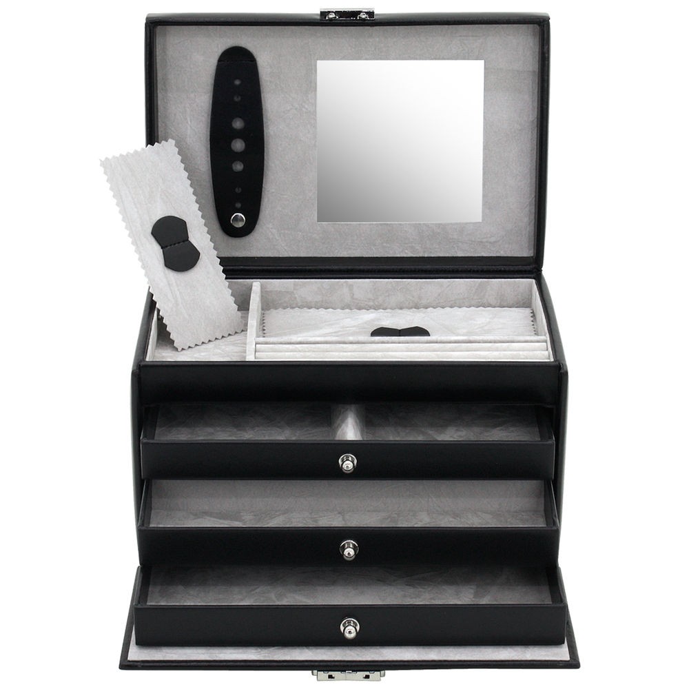 Schmuckkoffer schwarz Spiegel Schubladen Ringleiste