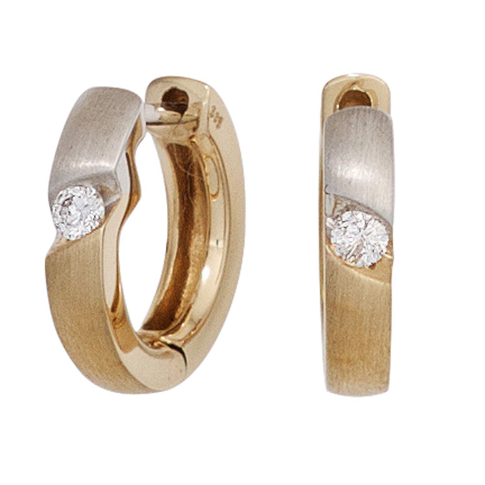 Creolen rund 585 Gelbgold bicolor matt 2 Diamanten Brillanten Ohrringe