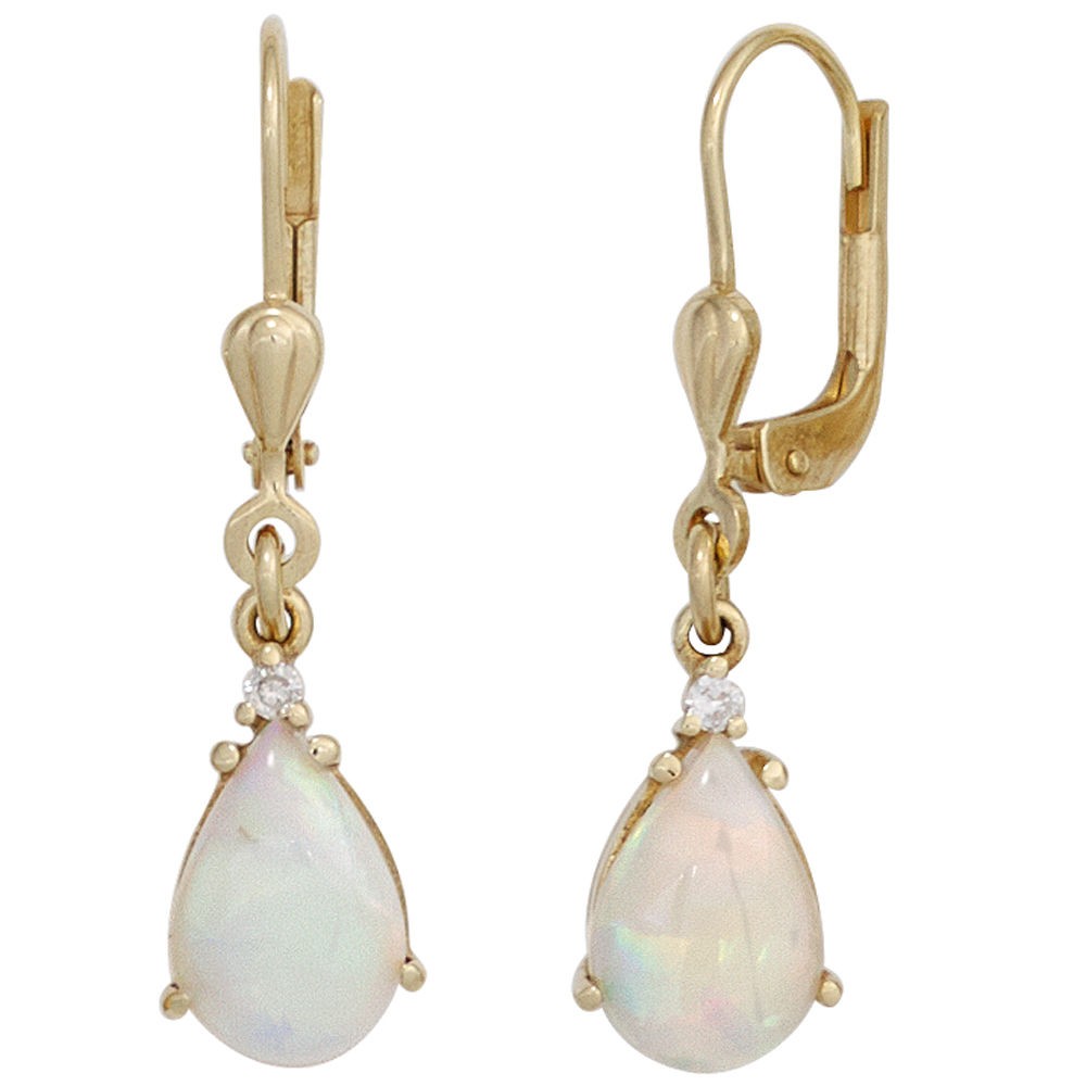 JOBO Boutons Tropfen 585/- Gelbgold 2 Opale 2 Diamanten Ohrringe Ohrhänger