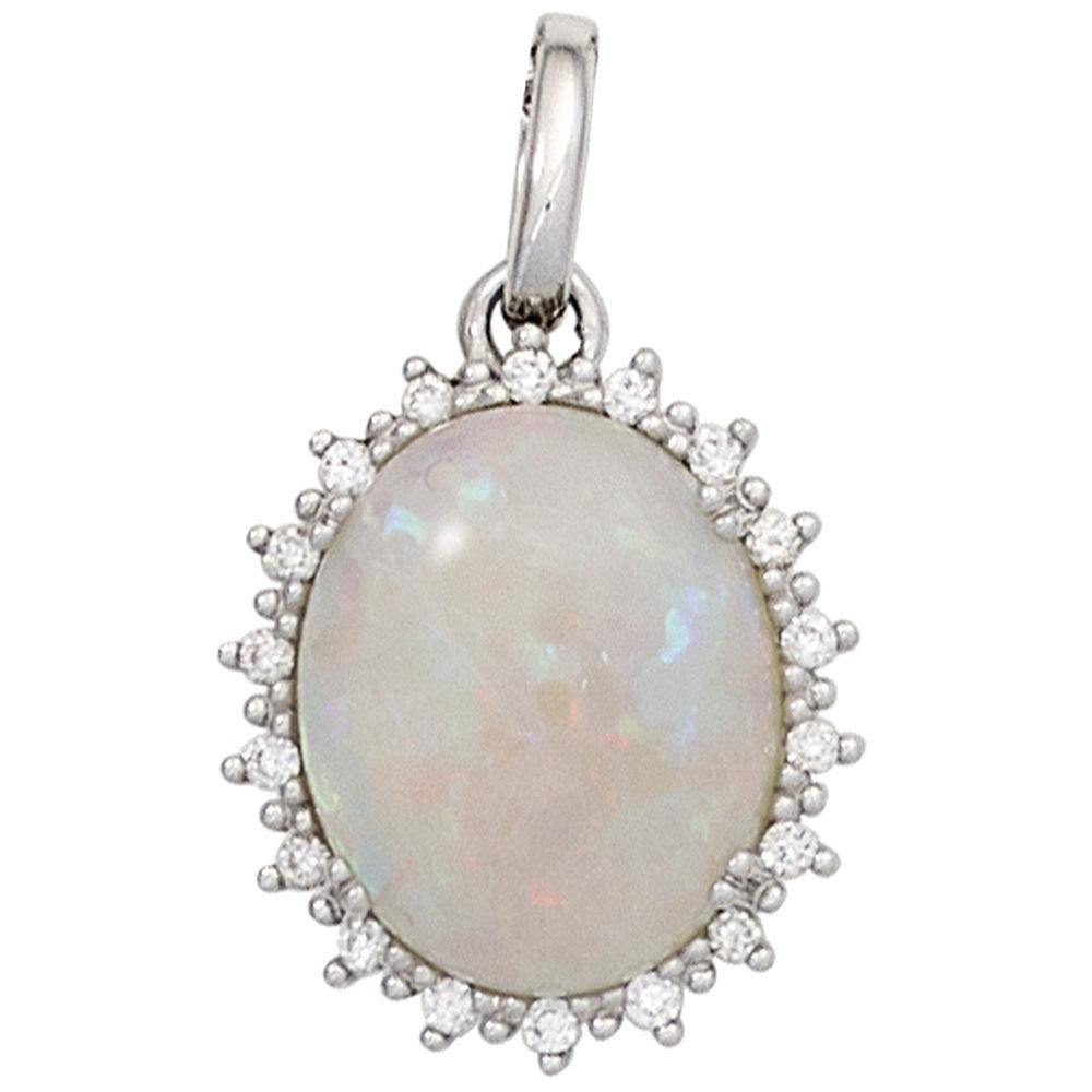 Anhänger oval 585 Weißgold 1 Opal 18 Diamanten Brillanten 0,10ct.