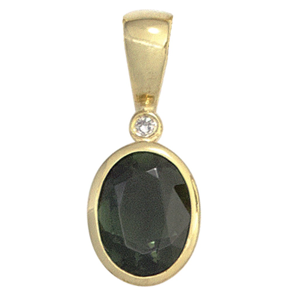 Anhänger oval 585 Gelbgold 1 Turmalin grün 1 Diamant 0,01ct. Goldanhänger