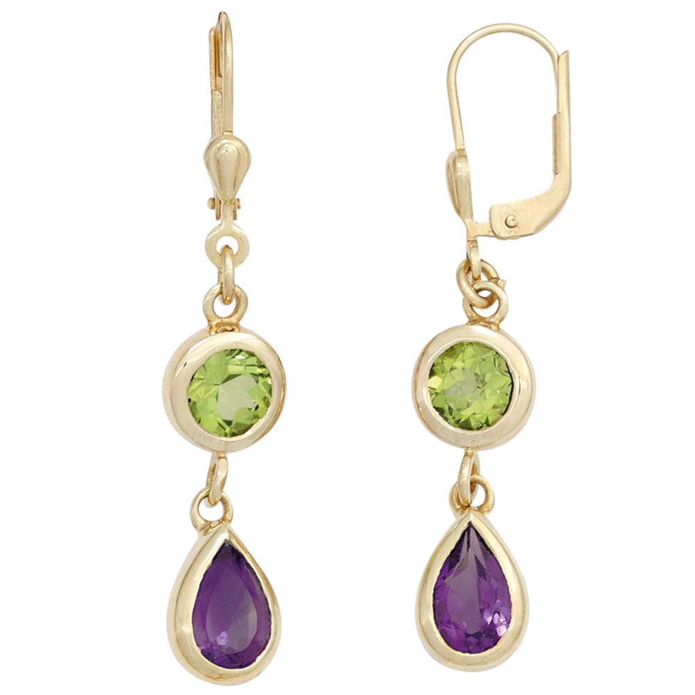 Boutons 585 Gelbgold 2 Amethyste lila 2 Peridote grün Ohrringe Ohrhänger
