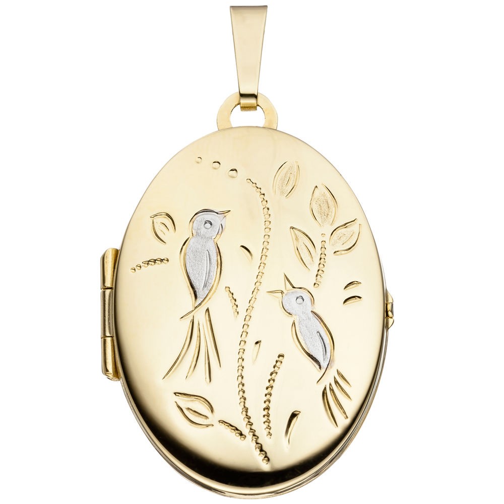 Medaillon Vögel oval für 2 Fotos 333 Gelbgold matt Anhänger zum Öffnen
