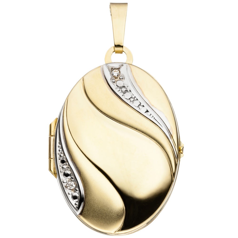 Medaillon oval 333 Gelbgold bicolor mattiert 2 Zirkonia Anhänger zum Öffnen