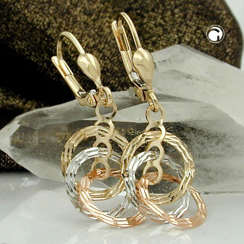 Ohrring tricolor 3 Kreise 375 Gelbgold