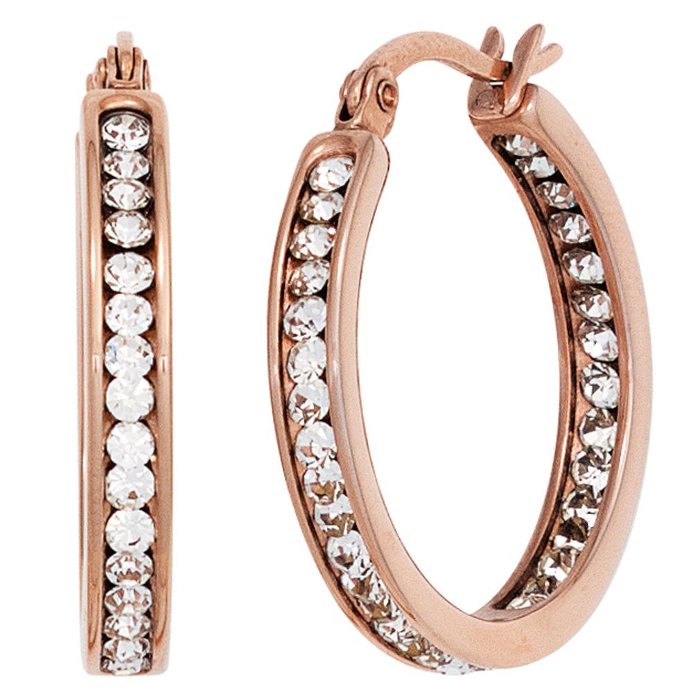 Creolen rund Edelstahl rotgold vergoldet 42 Kristalle Ohrringe Edelstahlcreolen