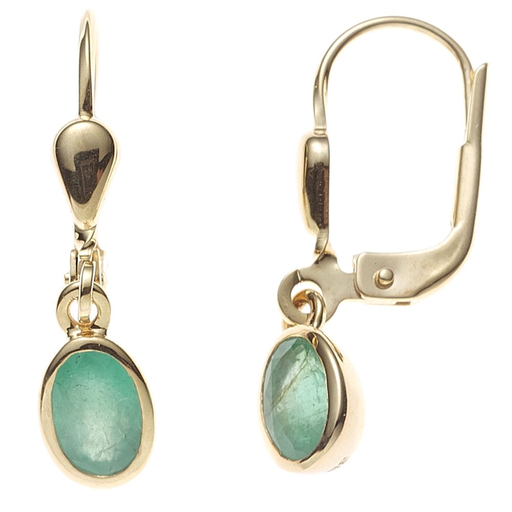 Boutons oval 585 Gelbgold 2 Smaragde grün Ohrringe Ohrhänger Goldohrringe