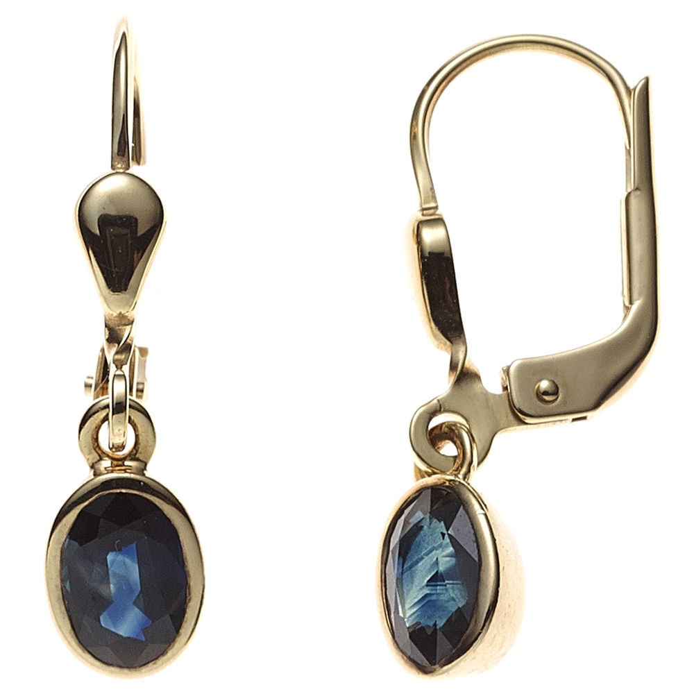 Boutons oval 585 Gelbgold 2 Safire blau Ohrringe Ohrhänger Goldohrringe