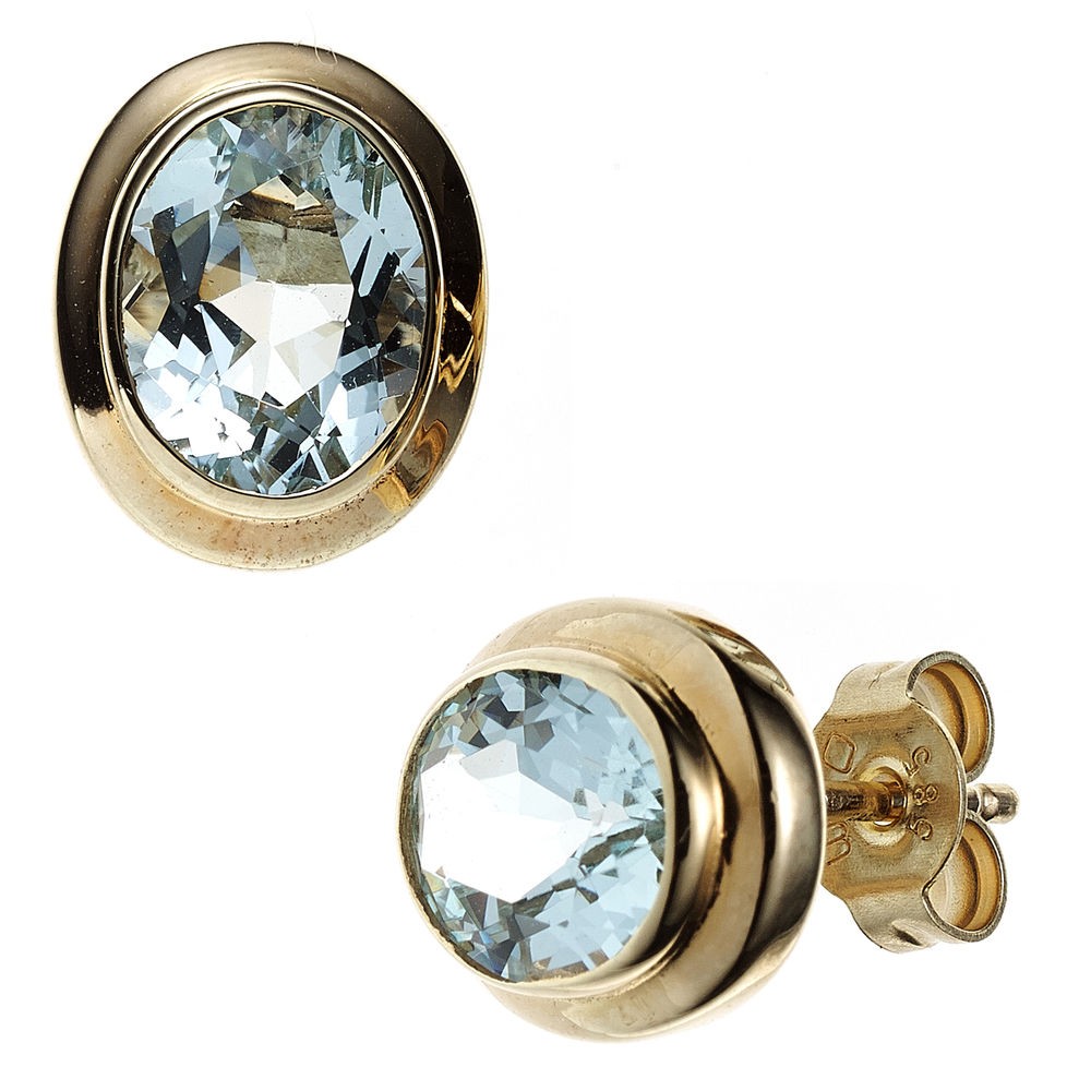 Ohrstecker oval 585 Gelbgold 2 Aquamarine hellblau blau Ohrringe