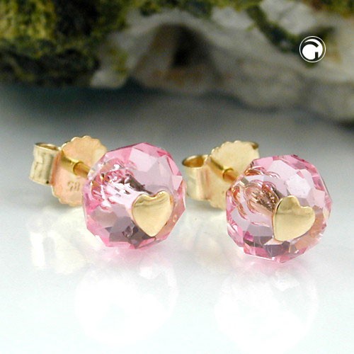 Ohrstecker Glas-rosa-pink Herz 585 Gold