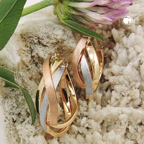 Creolen Ohrringe tricolor 3-farbig teilmattiert 375 Gelbgold
