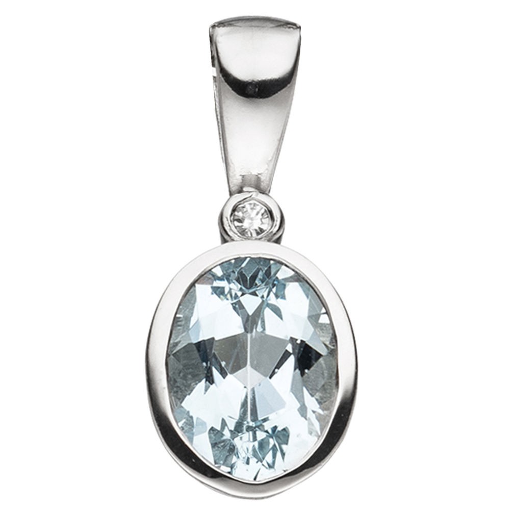 Anhänger oval 585 Weißgold 1 Aquamarin blau hellblau 1 Diamant 0,01ct.