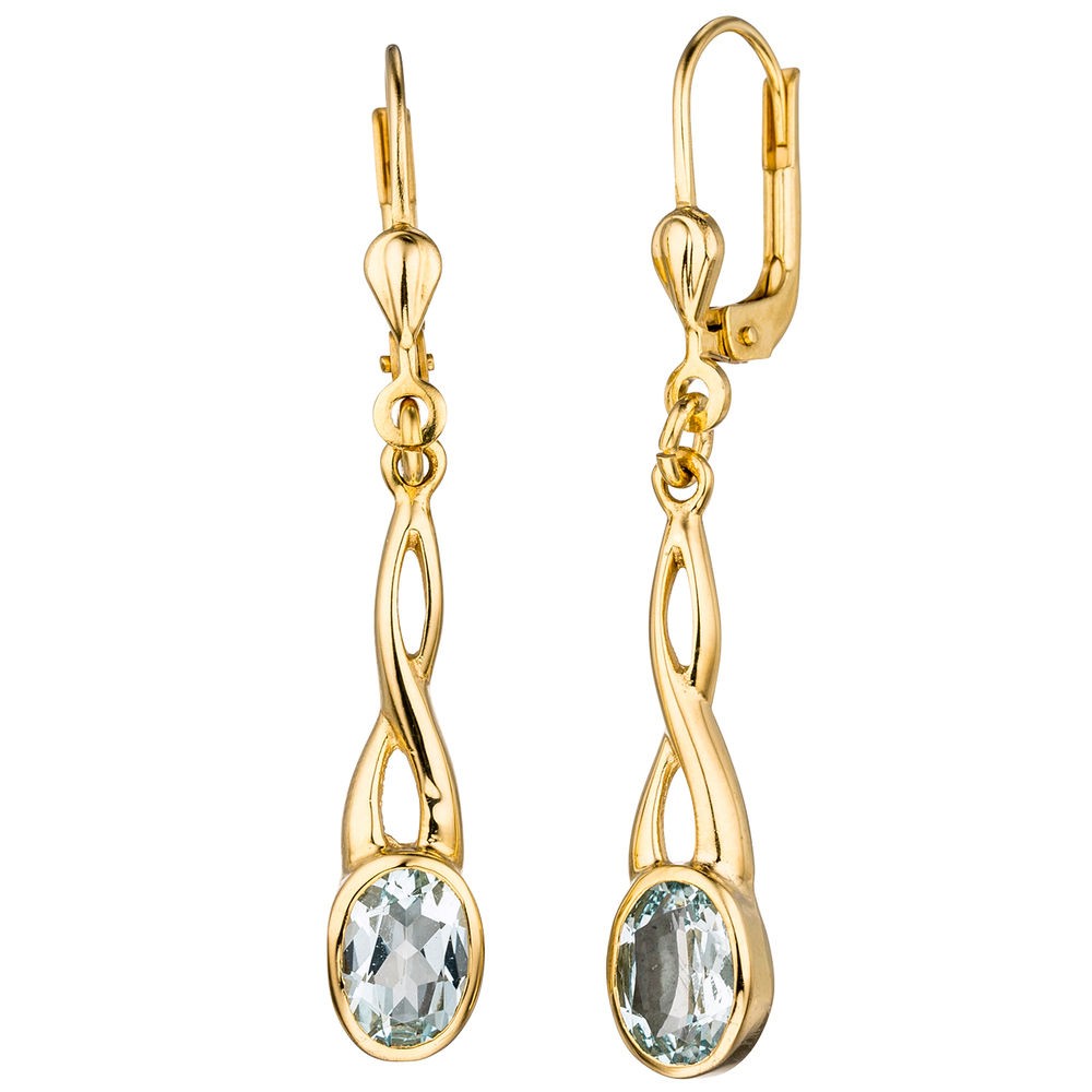 Boutons 585 Gelbgold 2 Aquamarine helllbau blau Ohrringe Ohrhänger