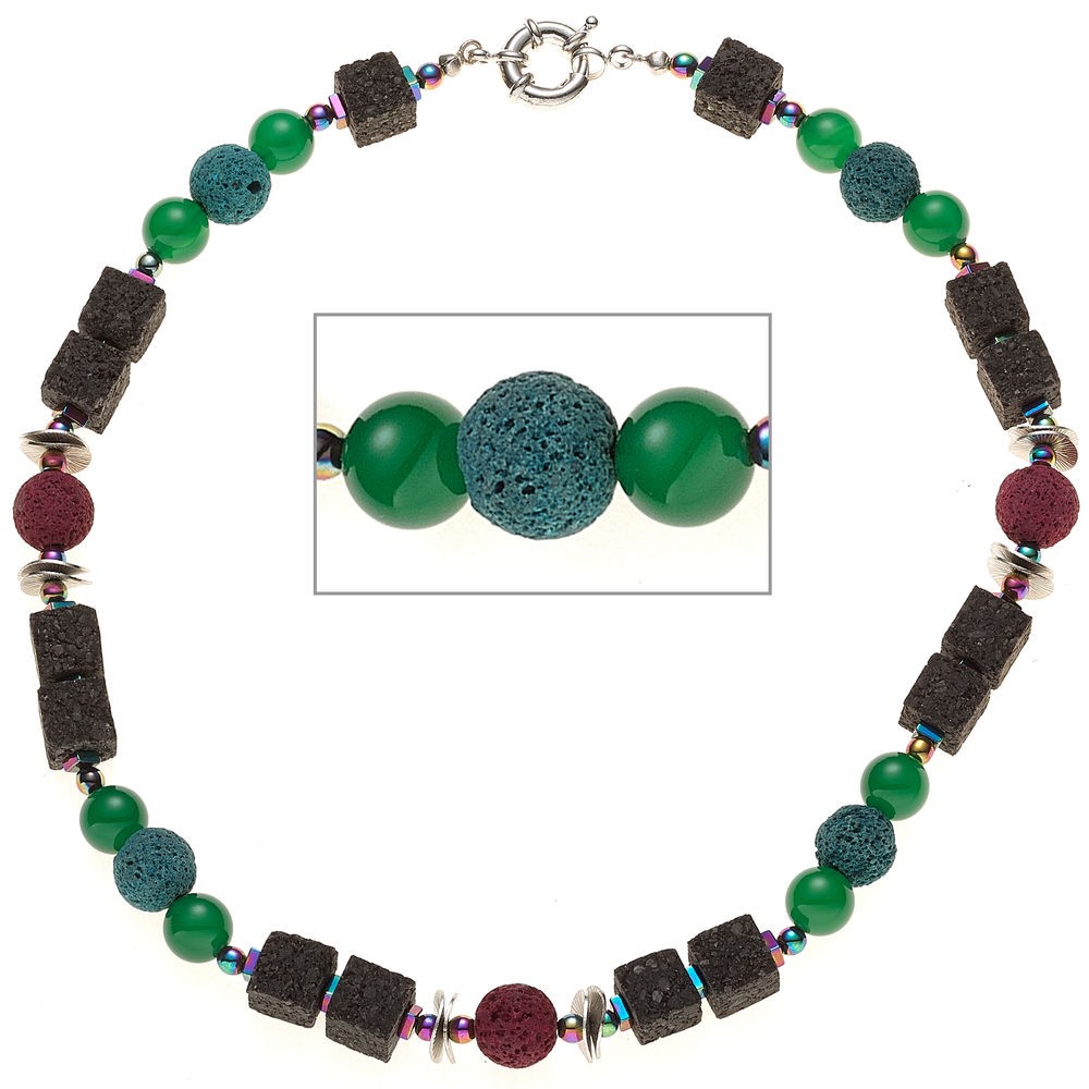 Halskette Edelsteinkette Lava mit Achat und Hämatin bunt 48cm Kette