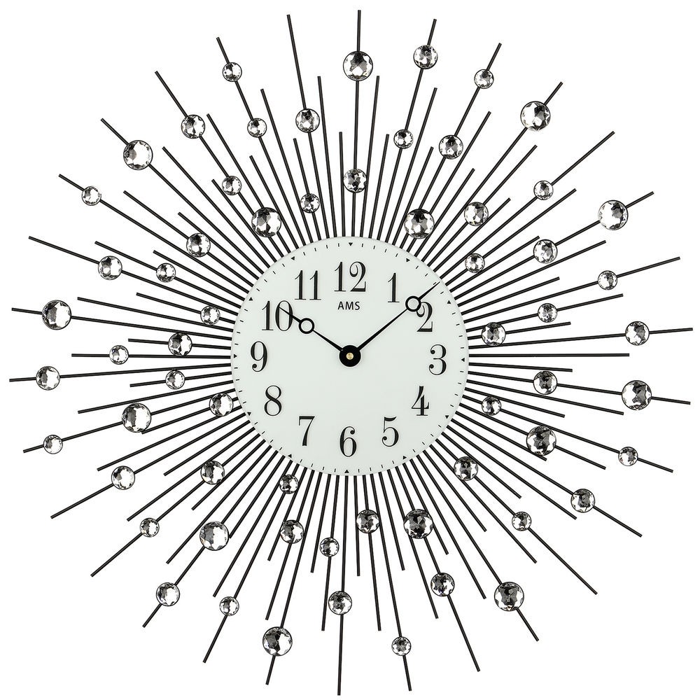 Wanduhr Quarz analog schwarz Metall mit Glassteinen 60cm